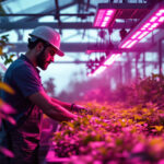 A photograph of a lighting contractor installing or showcasing vibrant grow led lights in a modern indoor garden or greenhouse setting