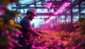 A photograph of a lighting contractor installing or showcasing vibrant grow led lights in a modern indoor garden or greenhouse setting