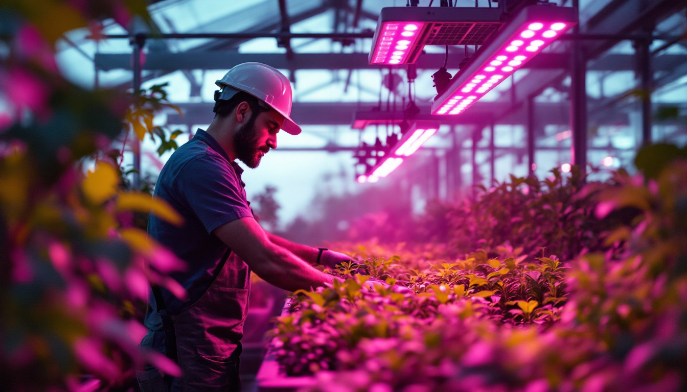 A photograph of a lighting contractor installing or showcasing vibrant grow led lights in a modern indoor garden or greenhouse setting