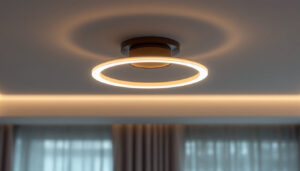 A photograph of a beautifully designed ceiling mount light fixture in a stylish interior setting