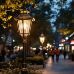 A photograph of a well-lit outdoor scene featuring a beautifully designed eagle park lamp illuminating a vibrant commercial area