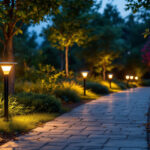 A photograph of a beautifully landscaped walkway illuminated by modern solar lights at dusk