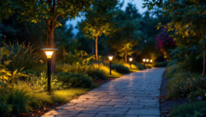 A photograph of a beautifully landscaped walkway illuminated by modern solar lights at dusk