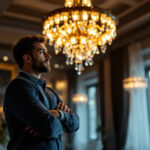 A photograph of a lighting contractor confidently showcasing a stunning chandelier installation in a beautifully lit space