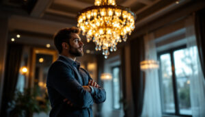 A photograph of a lighting contractor confidently showcasing a stunning chandelier installation in a beautifully lit space