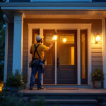 A photograph of a beautifully illuminated front porch featuring a stylish light fixture