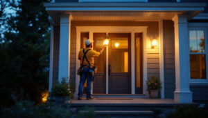A photograph of a beautifully illuminated front porch featuring a stylish light fixture