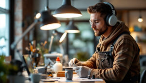 A photograph of a skilled lighting contractor inspecting various types of light fixtures in a well-lit