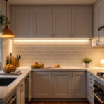 A photograph of a beautifully illuminated kitchen featuring stylish under-cabinet lighting that highlights the countertops and enhances the overall ambiance