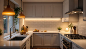 A photograph of a beautifully illuminated kitchen featuring stylish under-cabinet lighting that highlights the countertops and enhances the overall ambiance