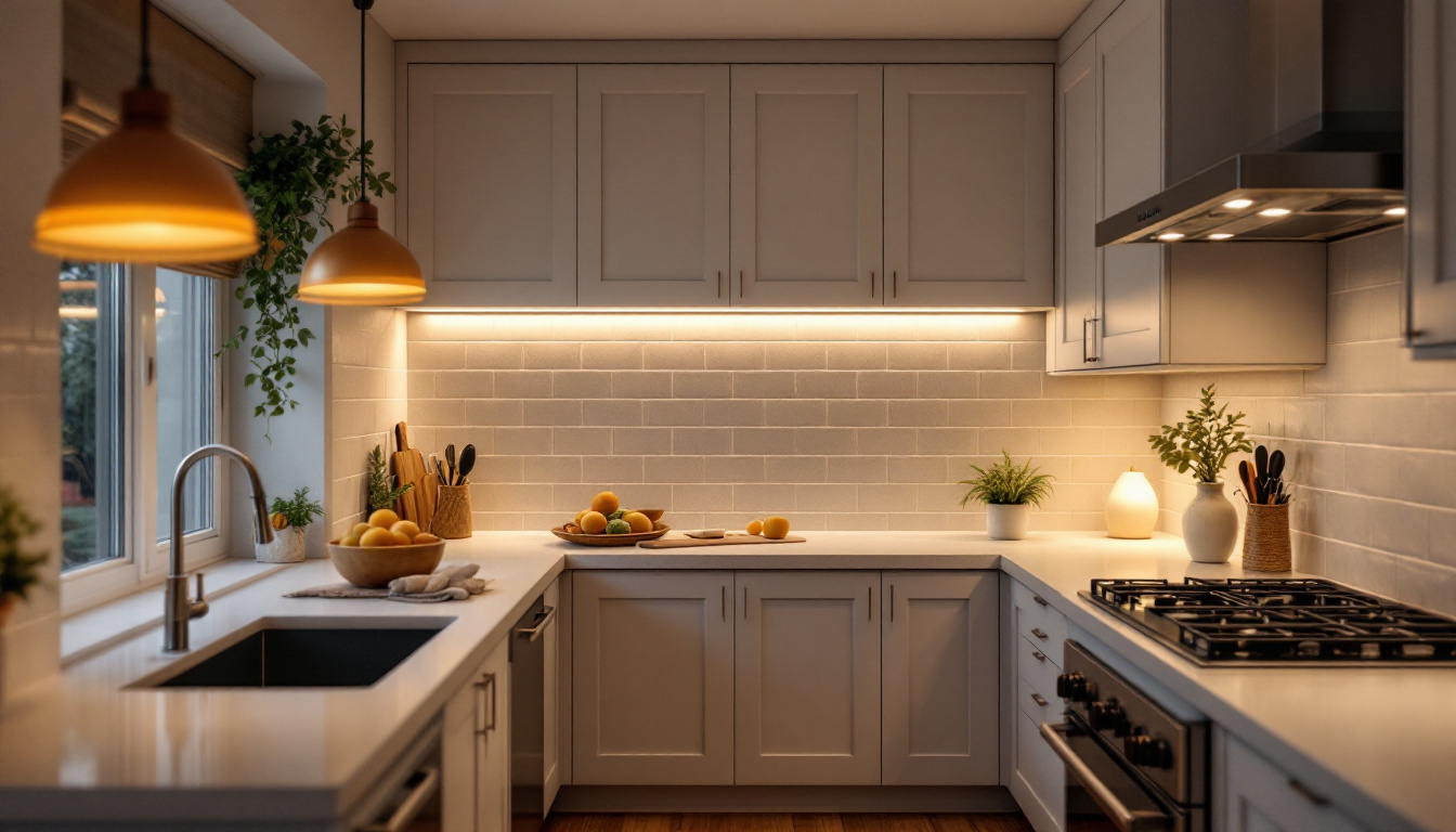 A photograph of a beautifully illuminated kitchen featuring stylish under-cabinet lighting that highlights the countertops and enhances the overall ambiance
