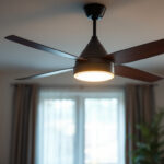 A photograph of a stylish ceiling fan with an integrated light fixture installed in a modern living space