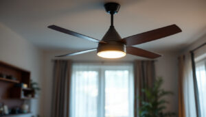 A photograph of a stylish ceiling fan with an integrated light fixture installed in a modern living space