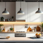 A photograph of a beautifully designed kitchen featuring modern ceiling lamps that highlight the space's functionality and aesthetic appeal
