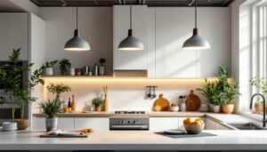 A photograph of a beautifully designed kitchen featuring modern ceiling lamps that highlight the space's functionality and aesthetic appeal