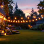 A photograph of a beautifully illuminated backyard scene at dusk