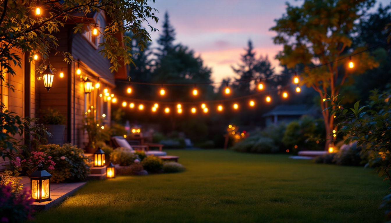A photograph of a beautifully illuminated backyard scene at dusk