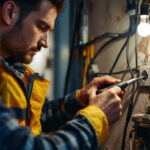 A photograph of a skilled lighting contractor inspecting and working with various types of electrical outlets