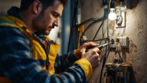 A photograph of a skilled lighting contractor inspecting and working with various types of electrical outlets