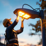 A photograph of a skilled lighting contractor installing or adjusting a modern led streetlight at dusk