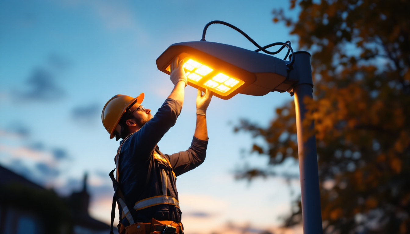 A photograph of a skilled lighting contractor installing or adjusting a modern led streetlight at dusk