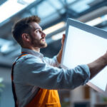 A photograph of a lighting contractor efficiently installing a sleek