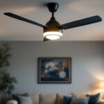A photograph of a beautifully designed ceiling fan with integrated lights in a stylish living room setting