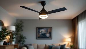 A photograph of a beautifully designed ceiling fan with integrated lights in a stylish living room setting