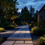 A photograph of a well-lit outdoor space at dusk