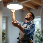 A photograph of a lighting contractor installing or showcasing a modern ufo led light fixture in a residential or commercial setting