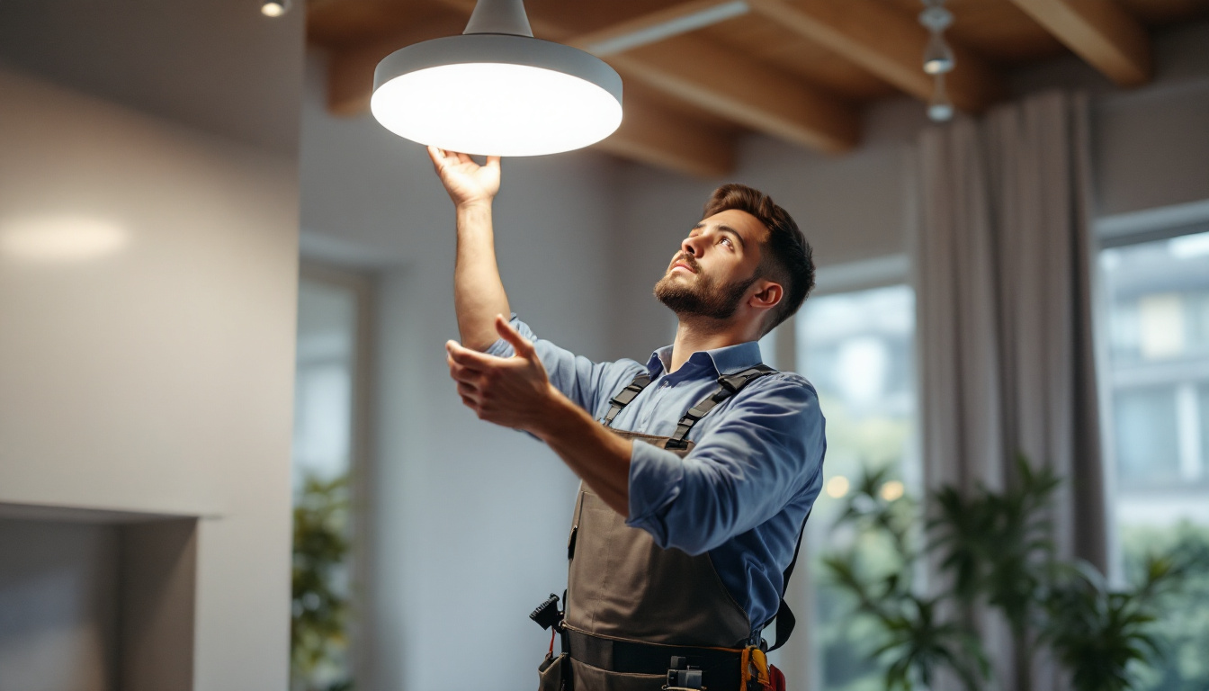 A photograph of a lighting contractor installing or showcasing a modern ufo led light fixture in a residential or commercial setting