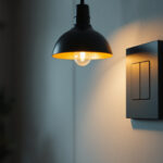A photograph of a well-lit interior space featuring a stylish light fixture and a two-pole light switch