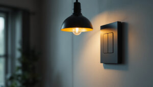 A photograph of a well-lit interior space featuring a stylish light fixture and a two-pole light switch