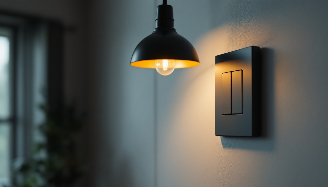 A photograph of a well-lit interior space featuring a stylish light fixture and a two-pole light switch