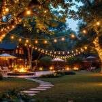 A photograph of a beautifully illuminated backyard scene featuring elegant string lights draped across trees and outdoor structures