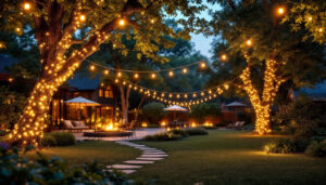 A photograph of a beautifully illuminated backyard scene featuring elegant string lights draped across trees and outdoor structures