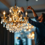 A photograph of a beautifully designed pendant chandelier hanging in an elegantly lit room