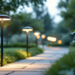 A photograph of a beautifully illuminated path lined with stylish