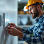 A photograph of a skilled lighting contractor installing an outlet switch in a modern home