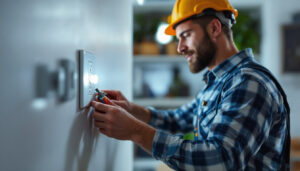 A photograph of a skilled lighting contractor installing an outlet switch in a modern home