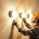A photograph of a lighting contractor installing energy-efficient led wall lights in a modern interior setting