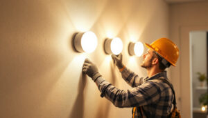 A photograph of a lighting contractor installing energy-efficient led wall lights in a modern interior setting