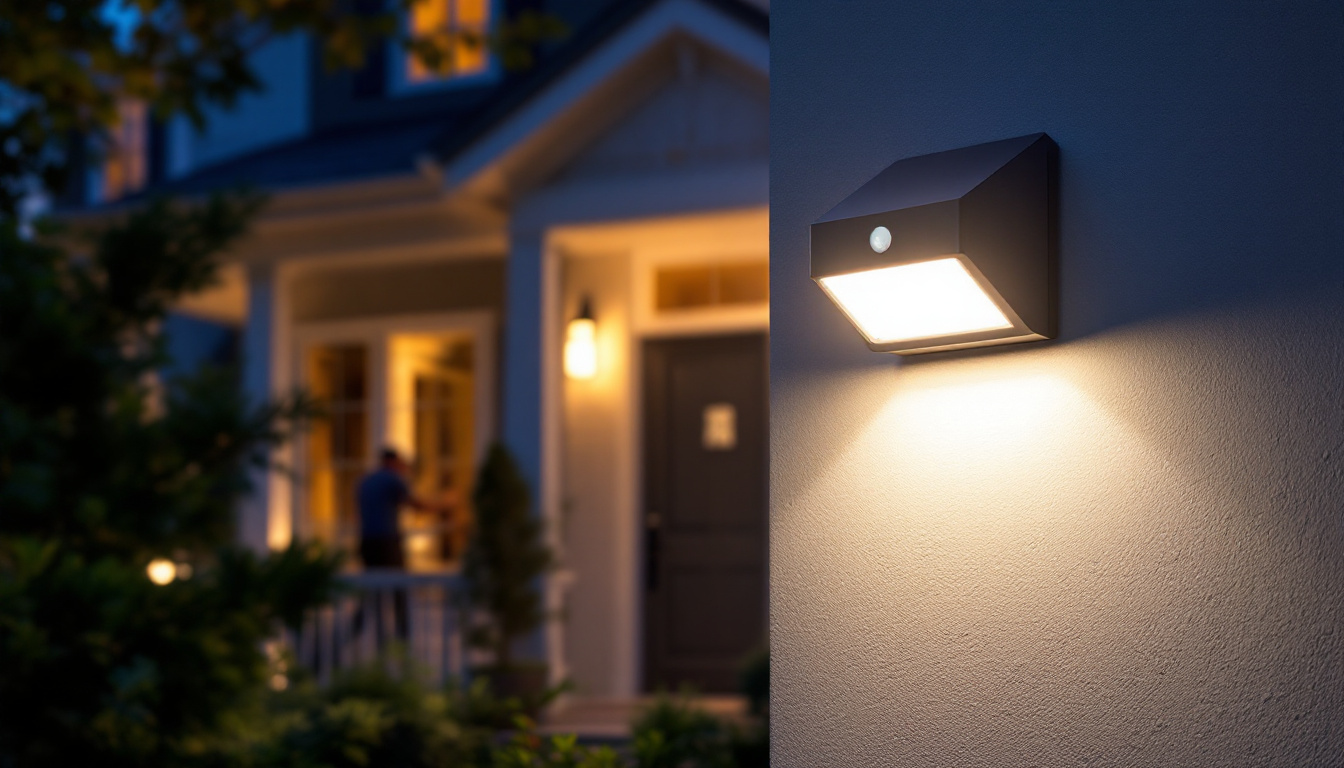 A photograph of a modern motion sensor porch light in action