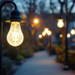 A photograph of a well-lit outdoor scene featuring various bulb lights illuminating pathways and key safety features