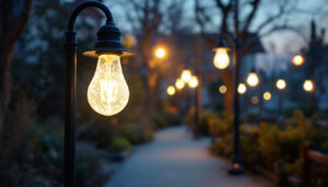 A photograph of a well-lit outdoor scene featuring various bulb lights illuminating pathways and key safety features