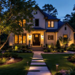 A photograph of a beautifully illuminated yard showcasing various styles of outdoor lighting fixtures