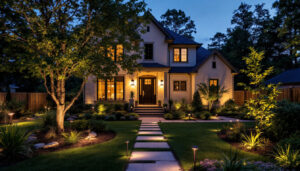 A photograph of a beautifully illuminated yard showcasing various styles of outdoor lighting fixtures