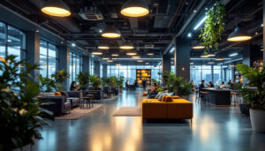 A photograph of a modern commercial space illuminated by sleek led lighting fixtures
