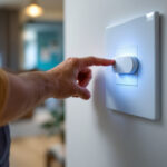 A photograph of a lighting contractor expertly installing a sleek