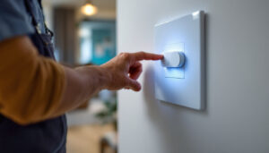 A photograph of a lighting contractor expertly installing a sleek